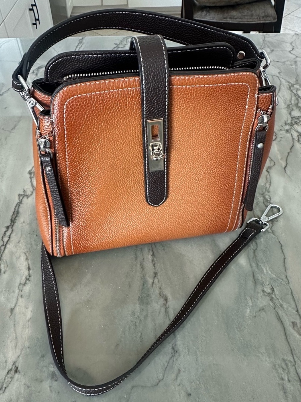 Genuine Pebbled Leather Bag Tan Dark Brown Crossbody Strap Top Handle Purse